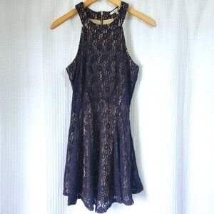 Bleuh ciel Dress Womens Size Medium Navy Lace Overlay Beige Shell VG Condition